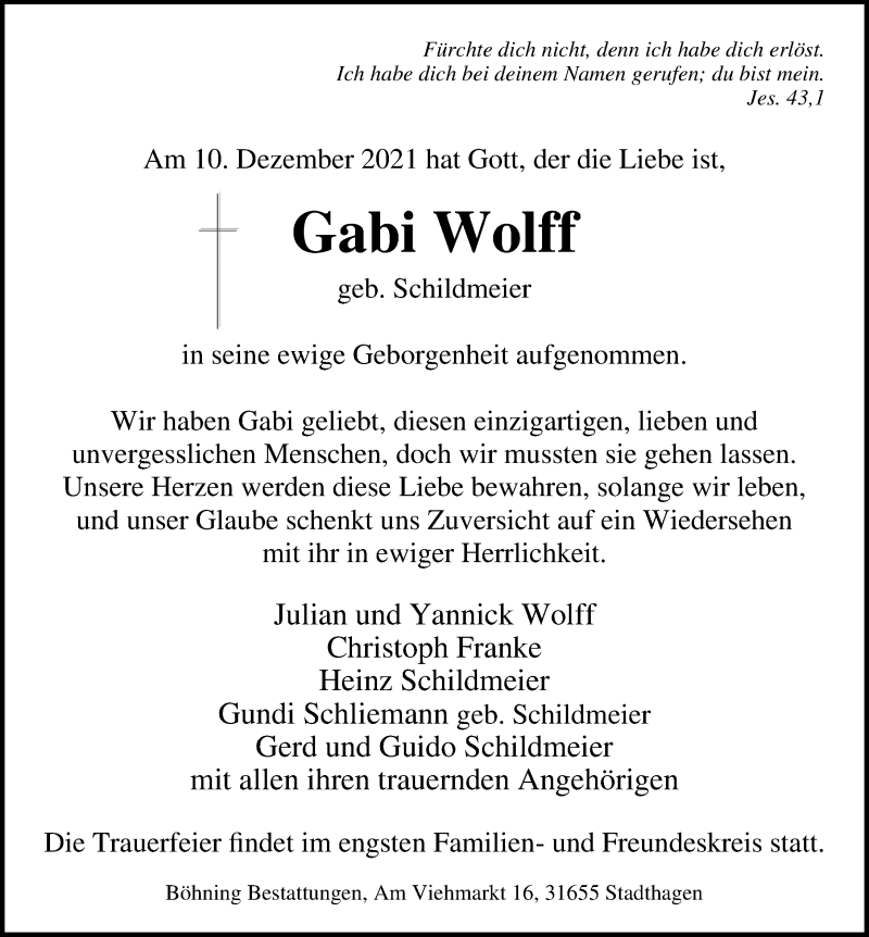  Traueranzeige für Gabi Wolff vom 15.12.2021 aus Schaumburger Nachrichten
