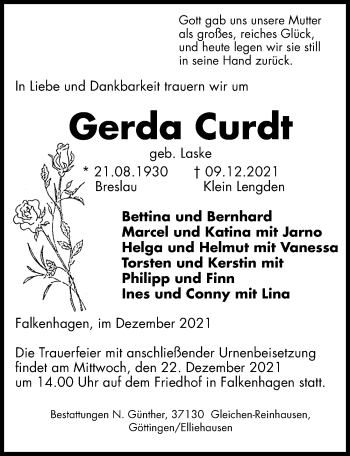 Traueranzeige von Gerda Curdt von Göttinger Tageblatt