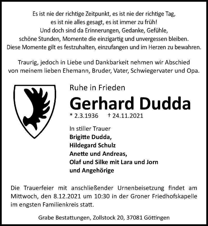  Traueranzeige für Gerhard Dudda vom 04.12.2021 aus Göttinger Tageblatt