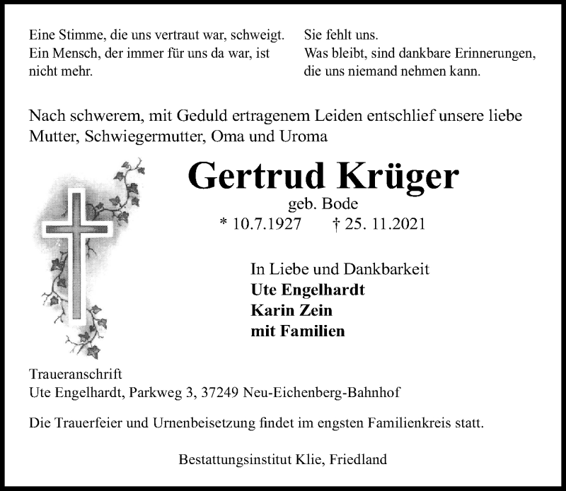  Traueranzeige für Gertrud Krüger vom 04.12.2021 aus Göttinger Tageblatt