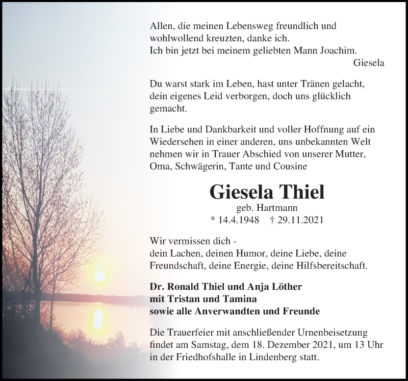  Traueranzeige für Giesela Thiel vom 04.12.2021 aus Märkischen Allgemeine Zeitung
