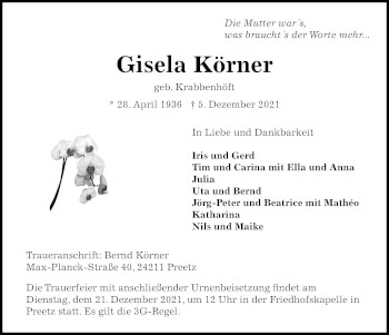 Traueranzeige von Gisela Körner von Kieler Nachrichten