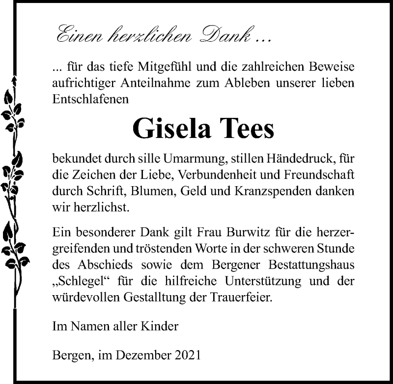 Traueranzeige für Gisela Tees vom 24.12.2021 aus Ostsee-Zeitung GmbH