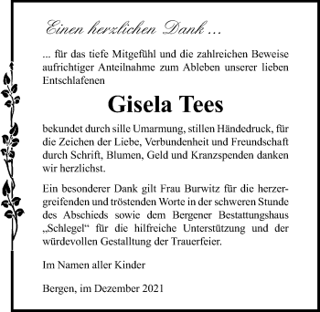Traueranzeige von Gisela Tees von Ostsee-Zeitung GmbH