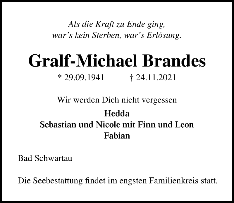  Traueranzeige für Gralf-Michael Brandes vom 05.12.2021 aus Lübecker Nachrichten