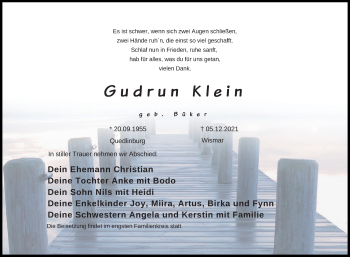 Traueranzeige von Gudrun Klein von Ostsee-Zeitung GmbH