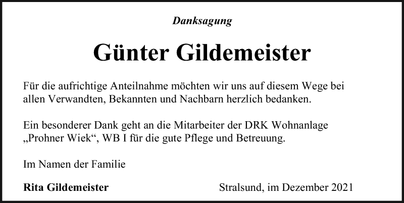  Traueranzeige für Günter Gildemeister vom 18.12.2021 aus Ostsee-Zeitung GmbH