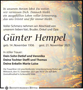 Traueranzeige von Günter Hempel von Leipziger Volkszeitung