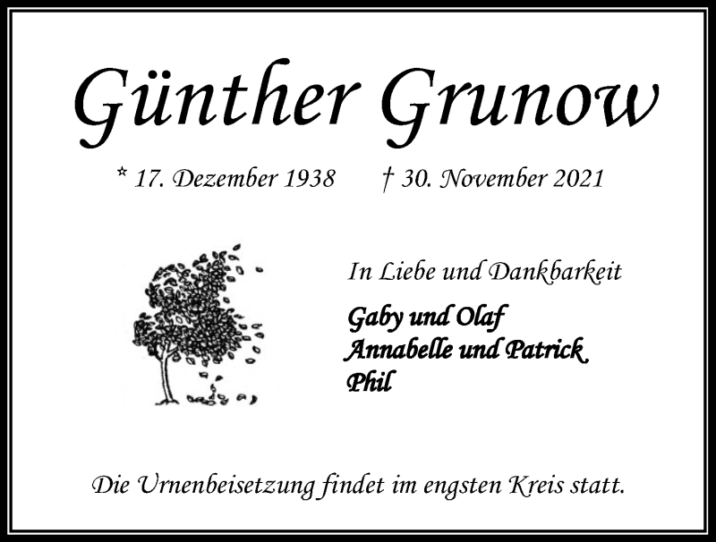  Traueranzeige für Günther Grunow vom 04.12.2021 aus Kieler Nachrichten