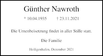 Traueranzeige von Günther Nawroth von Lübecker Nachrichten