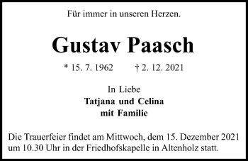 Traueranzeige von Gustav Paasch von Kieler Nachrichten