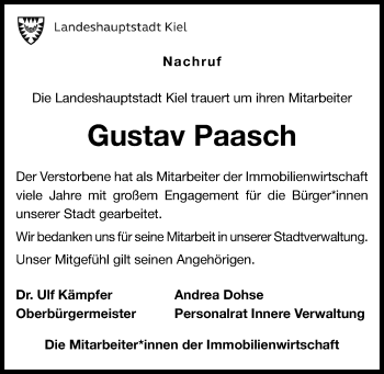 Traueranzeige von Gustav Paasch von Kieler Nachrichten