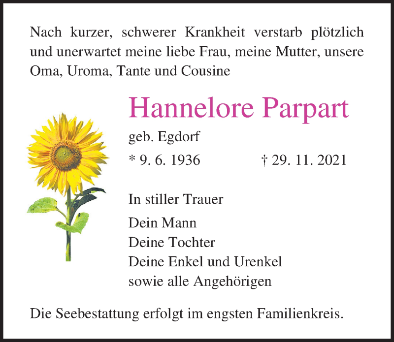 Traueranzeige für Hannelore Parpart vom 04.12.2021 aus Ostsee-Zeitung GmbH