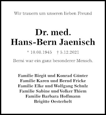 Traueranzeige von Hans-Bern Jaenisch von Göttinger Tageblatt