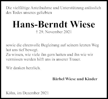 Traueranzeige von Hans-Berndt Wiese von Kieler Nachrichten