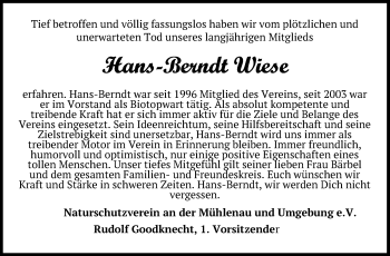 Traueranzeige von Hans-Berndt Wiese von Kieler Nachrichten