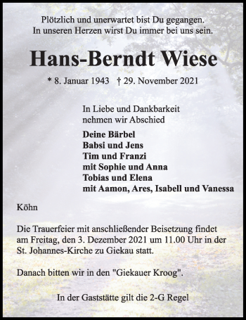 Traueranzeige von Hans-Berndt Wiese von Kieler Nachrichten