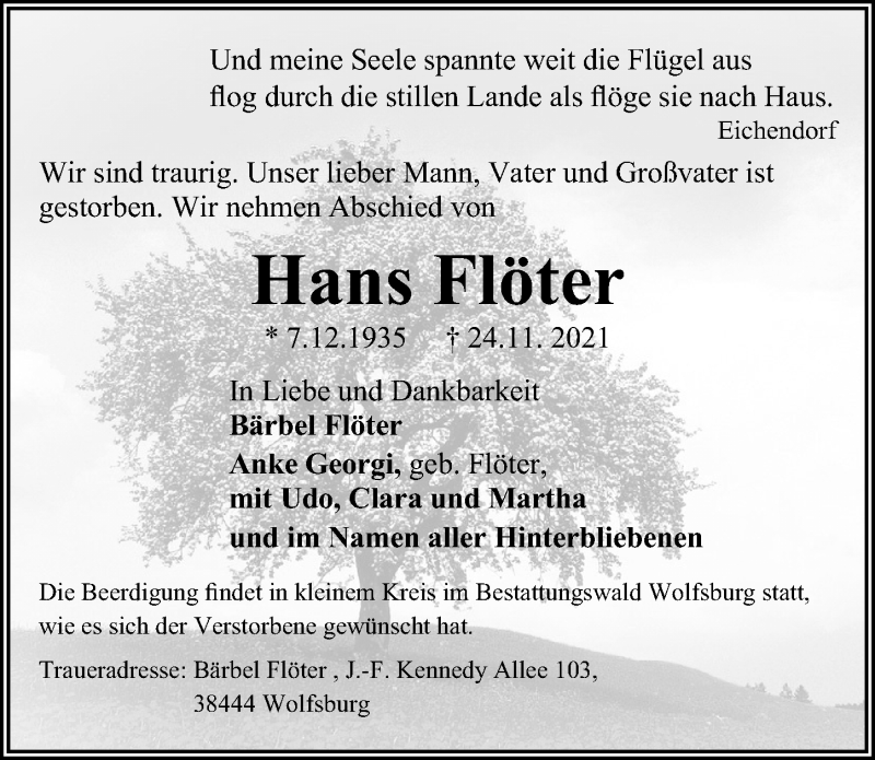  Traueranzeige für Hans Flöter vom 10.12.2021 aus Aller Zeitung