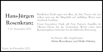 Traueranzeige von Hans-Jürgen Rosenkranz von Lübecker Nachrichten