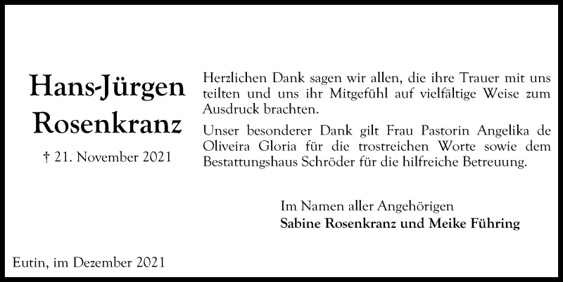  Traueranzeige für Hans-Jürgen Rosenkranz vom 22.12.2021 aus Lübecker Nachrichten