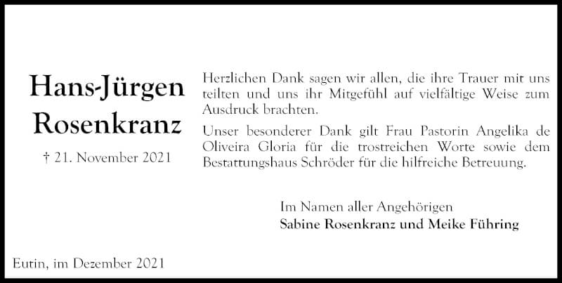  Traueranzeige für Hans-Jürgen Rosenkranz vom 18.12.2021 aus Lübecker Nachrichten