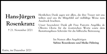 Traueranzeige von Hans-Jürgen Rosenkranz von Lübecker Nachrichten