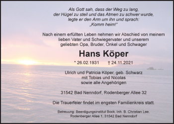 Traueranzeige von Hans Köper von Schaumburger Nachrichten