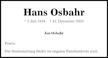 Traueranzeige von Hans Osbahr von Kieler Nachrichten