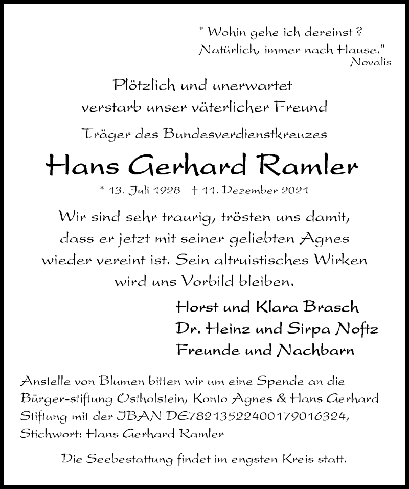  Traueranzeige für Hans Gerhard Ramler vom 19.12.2021 aus Lübecker Nachrichten