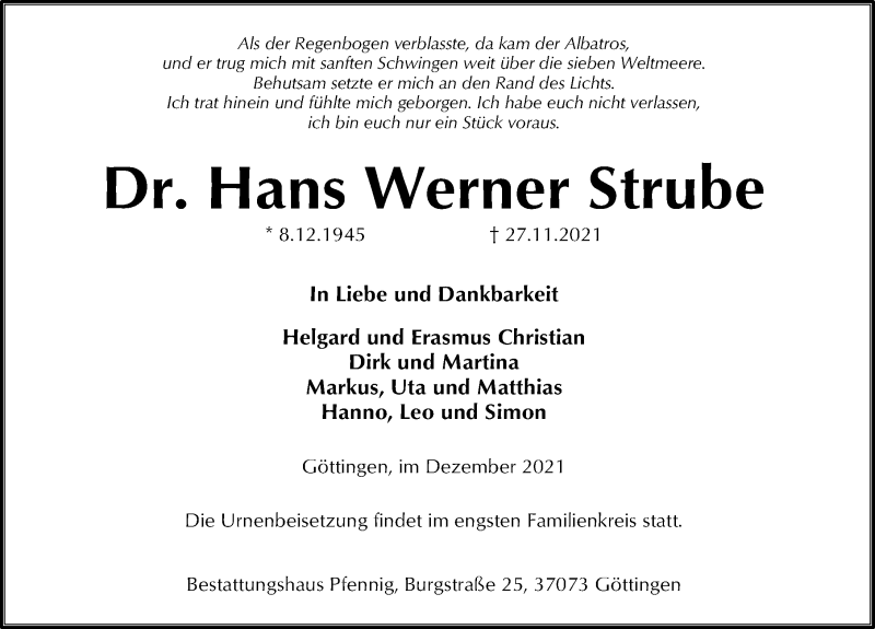  Traueranzeige für Hans Werner Strube vom 04.12.2021 aus Göttinger Tageblatt