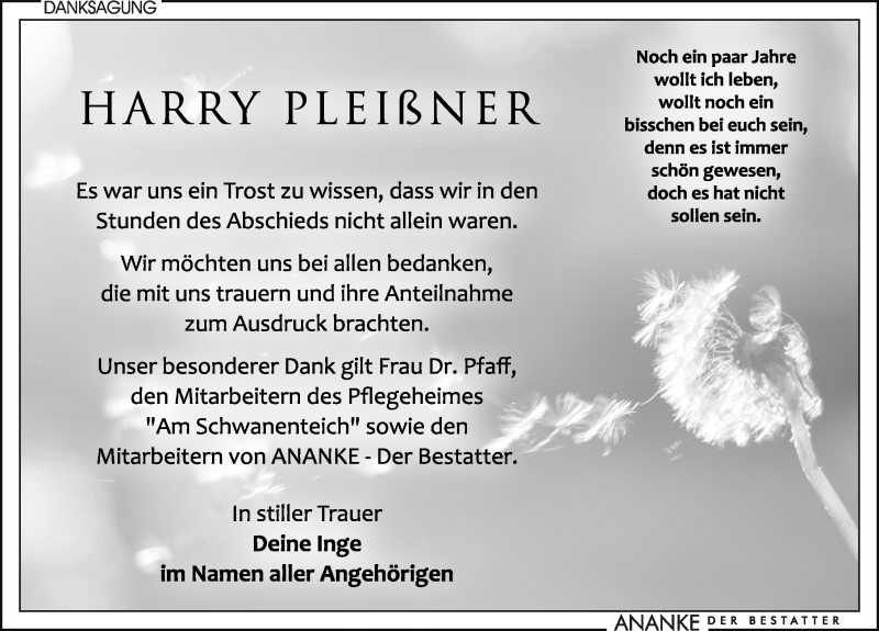  Traueranzeige für Harry Pleißner vom 04.12.2021 aus Leipziger Volkszeitung
