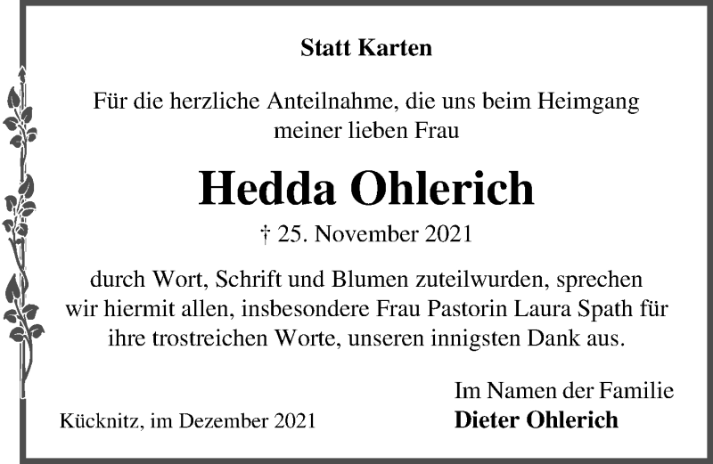  Traueranzeige für Hedda Ohlerich vom 19.12.2021 aus Lübecker Nachrichten