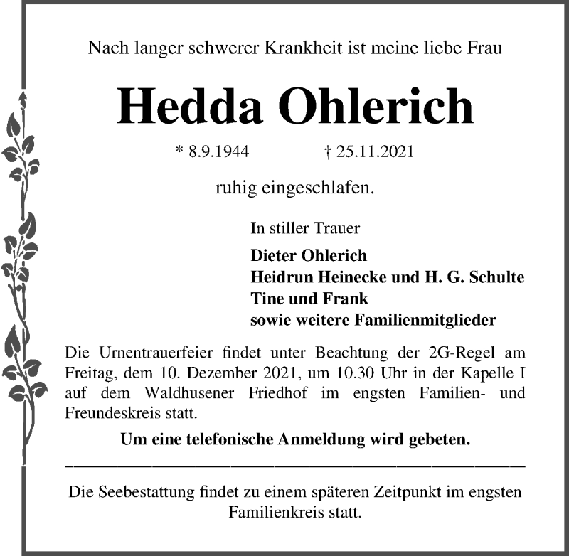  Traueranzeige für Hedda Ohlerich vom 05.12.2021 aus Lübecker Nachrichten