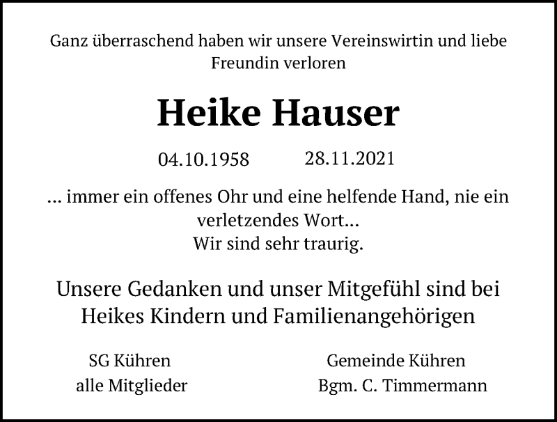  Traueranzeige für Heike Hauser vom 04.12.2021 aus Kieler Nachrichten