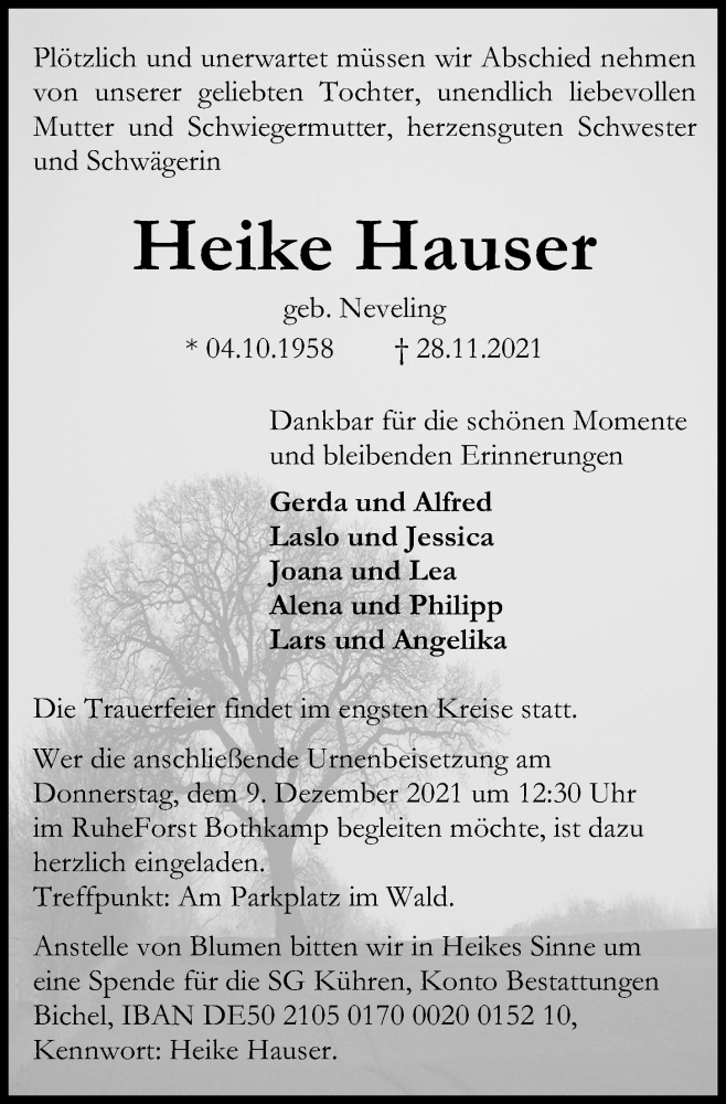  Traueranzeige für Heike Hauser vom 04.12.2021 aus Kieler Nachrichten