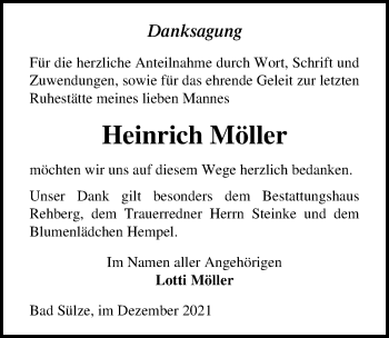 Traueranzeige von Heinrich Möller von Ostsee-Zeitung GmbH