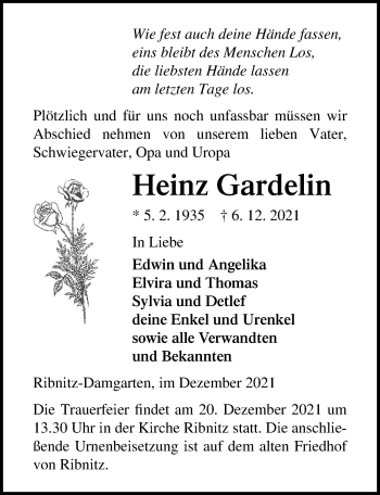 Traueranzeige von Heinz Gardelin von Ostsee-Zeitung GmbH