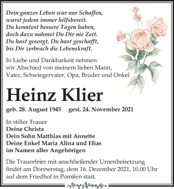 Traueranzeige von Heinz Klier von Leipziger Volkszeitung