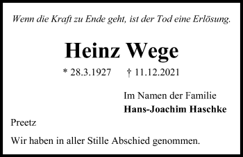 Traueranzeige von Heinz Wege von Kieler Nachrichten