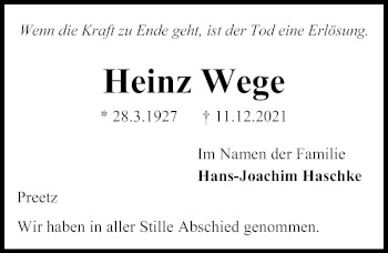 Traueranzeige von Heinz Wege von Kieler Nachrichten