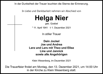 Traueranzeige von Helga Nier von Lübecker Nachrichten