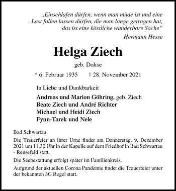 Traueranzeige von Helga Ziech von Lübecker Nachrichten