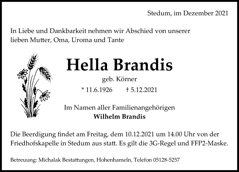  Traueranzeige für Hella Brandis vom 08.12.2021 aus Peiner Allgemeine Zeitung