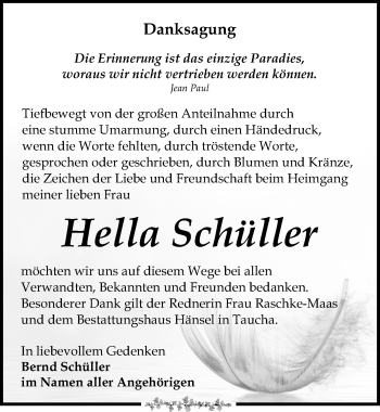 Traueranzeige von Hella Schüller von Leipziger Volkszeitung