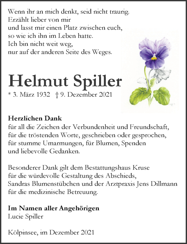  Traueranzeige für Helmut Spiller vom 31.12.2021 aus Ostsee-Zeitung GmbH