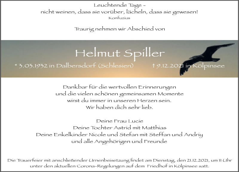  Traueranzeige für Helmut Spiller vom 18.12.2021 aus Ostsee-Zeitung GmbH