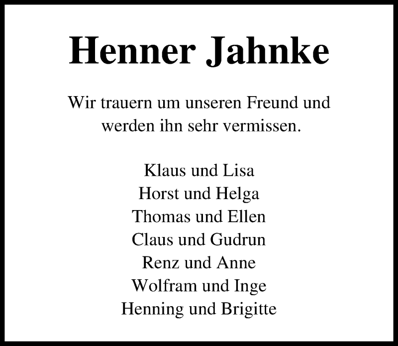  Traueranzeige für Henner Jahnke vom 12.12.2021 aus Lübecker Nachrichten