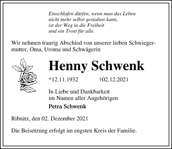 Traueranzeige von Henny Schwenk von Ostsee-Zeitung GmbH