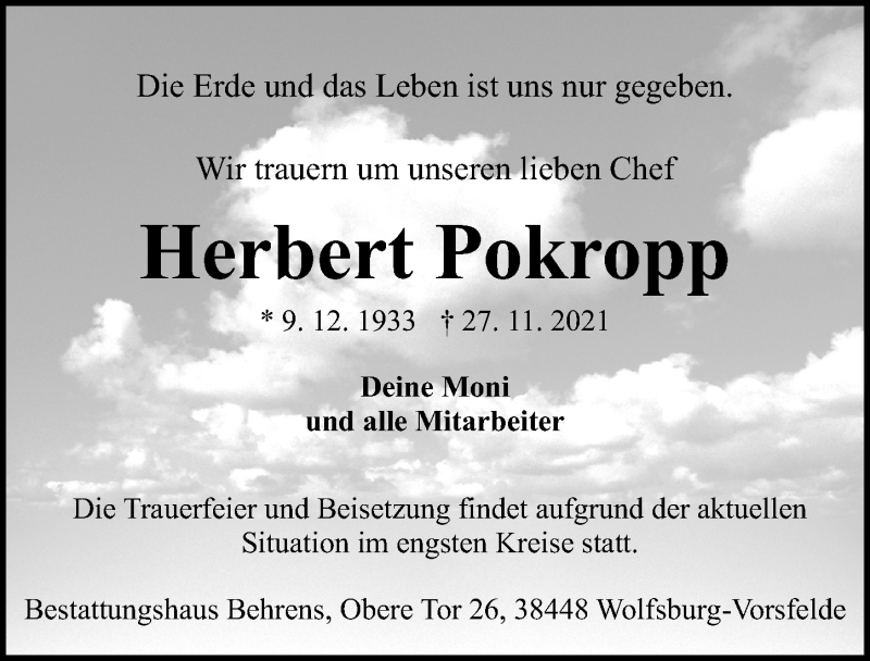  Traueranzeige für Herbert Pokropp vom 01.12.2021 aus Aller Zeitung