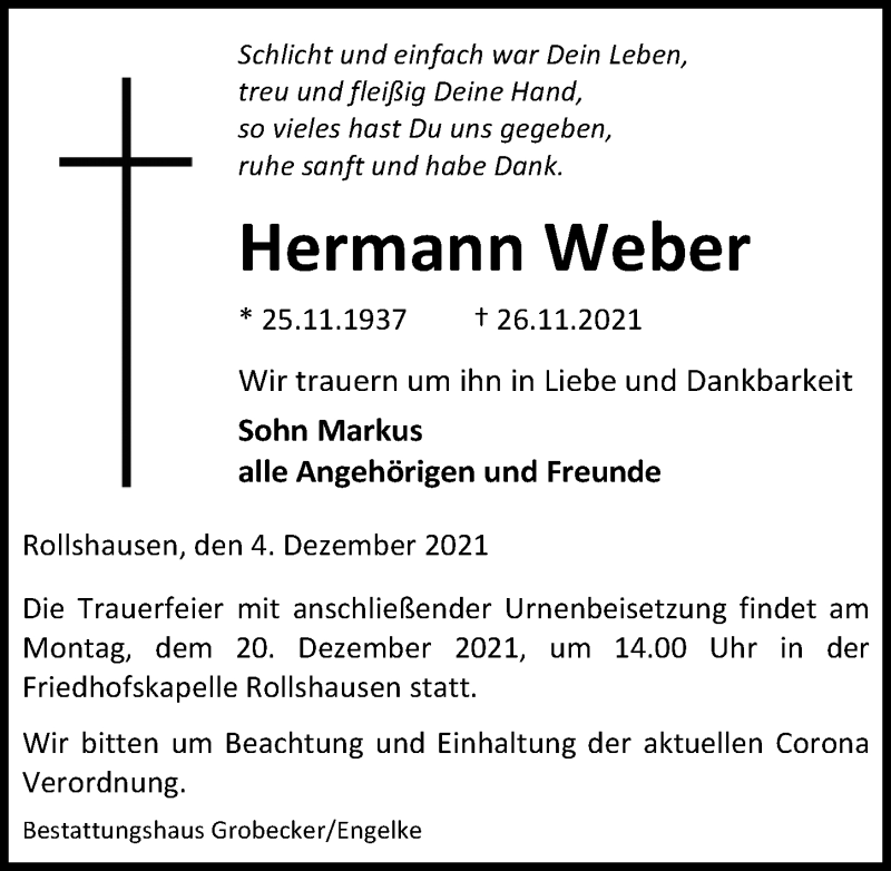  Traueranzeige für Hermann Weber vom 04.12.2021 aus Eichsfelder Tageblatt